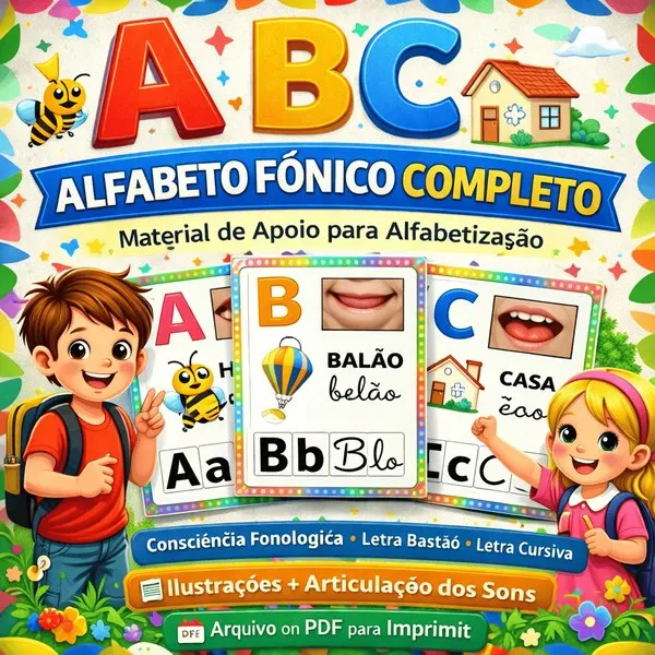 Alfabeto Fônico Ilustrado Articulação dos Sons + Letras Bastão e Cursiva