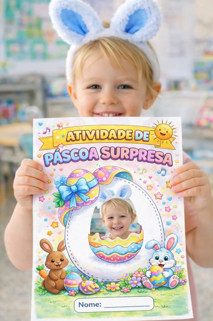 Atividade de Páscoa Surpresa – Porta-Retrato com Foto da Criança | Versão Colorida e Para Colorir
