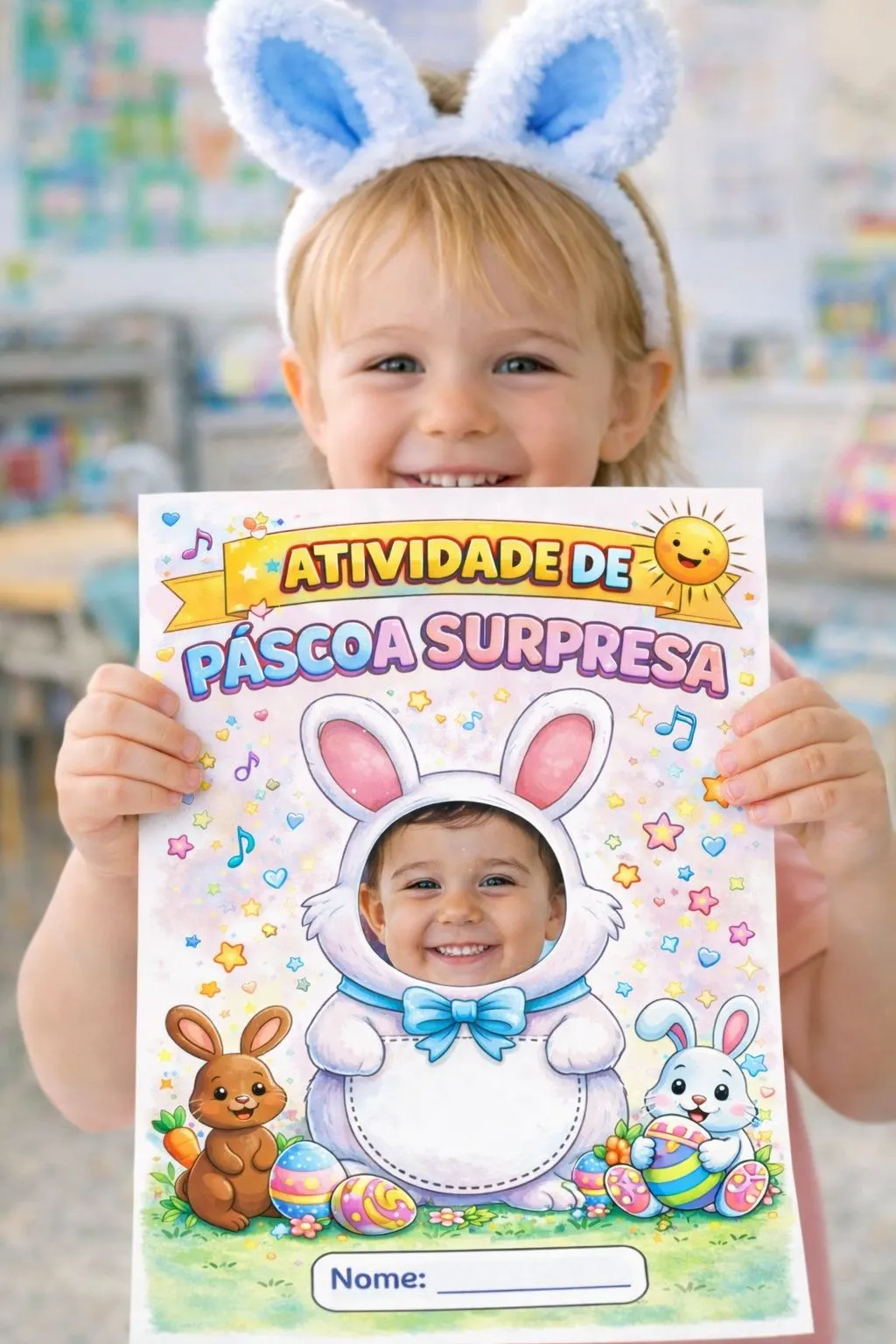 Atividade de Páscoa Surpresa – Porta-Retrato do Coelhinho com Foto da Criança | Editável e Versão para Colorir